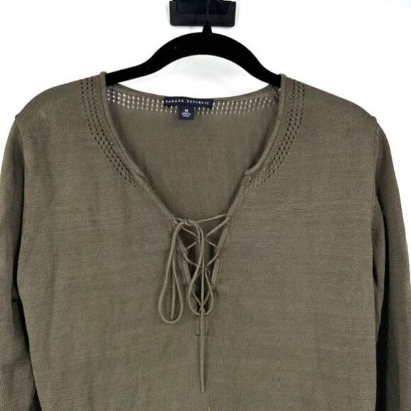 VTG Y2K Banana Republic Silk Lace up Olive Green Sweater Peasant Cottage Medium - Picture 2 of 10